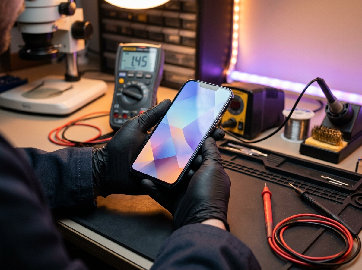 Técnico com luvas ESD inspecionando smartphone reparado e funcionando na bancada de testes