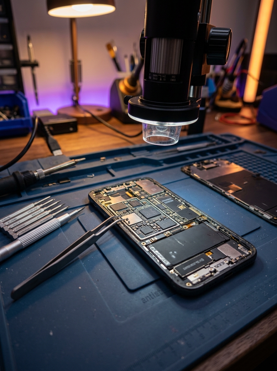 Bancada técnica de precisão com smartphone em reparo, microscópio digital e ferramentas especializadas